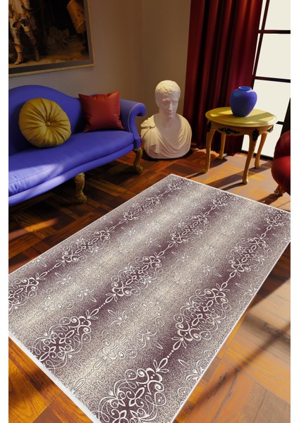 Salon Halısı Klasik Mor Gri Mürdüm Kaydırmaz Kesme Yıkanabilir Ince Halı Tüysüz Kilim