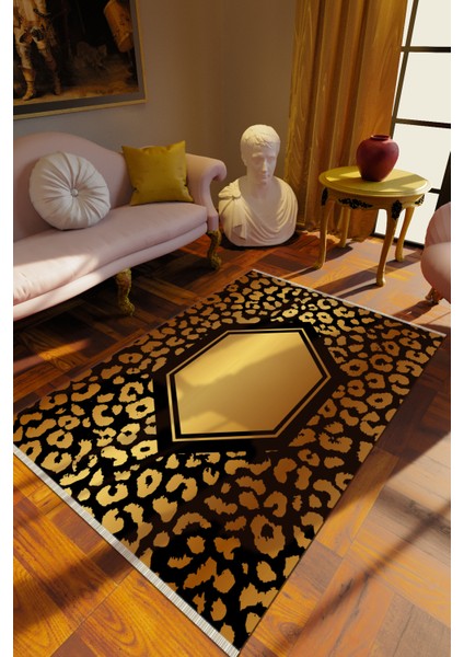Klasik Gold Dijital Baskı Halı Kaydırmaz Ince Yıkanabilir