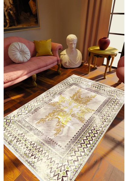 Salon Halısı Klasik Gold Altın Kaydırmaz Kesme Yıkanabilir Ince Halı Tüysüz Kilim