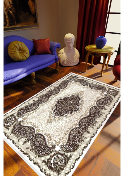 Salon Halısı Figürlü Çiçekli Kahverengi Ekru Kaydırmaz Kesme Yıkanabilir Ince Halı Tüysüz Kilim