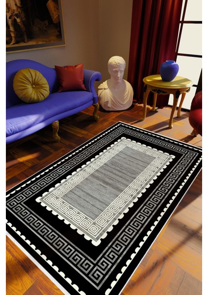 Salon Halısı Klasik Siyah Gri Kaydırmaz Kesme Yıkanabilir Ince Halı Tüysüz Kilim