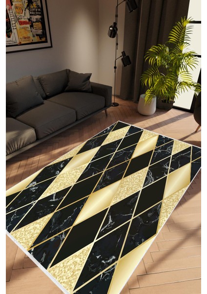 Salon Halısı Taş Mermer Modern Gold Karo Siyah Altın Kaydırmaz Yıkanabilir Ince Halı Tüysüz Kilim