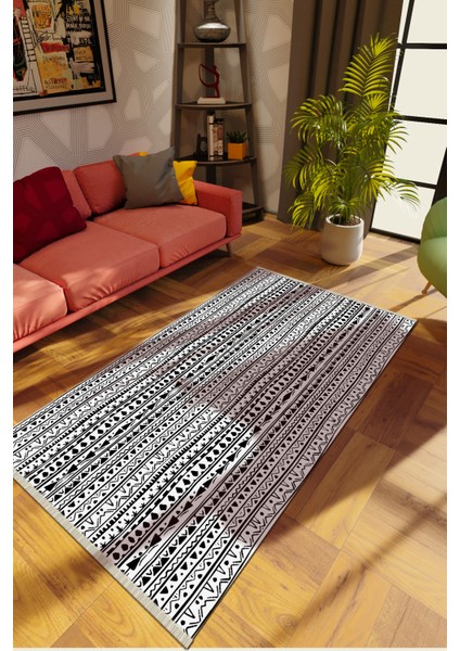 Modern Siyah Dijital Baskı Halı Kaydırmaz Ince Yıkanabilir