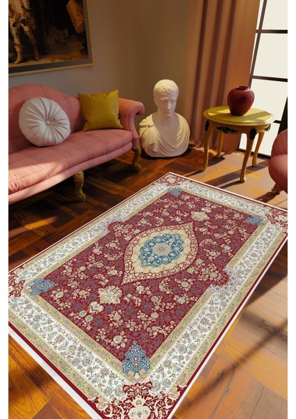 Salon Halısı Salon Halısı Eskitme Bordo Ekru Mavi Kaydırmaz Kesme Yıkanabilir Ince Halı Tüysüz Kilim