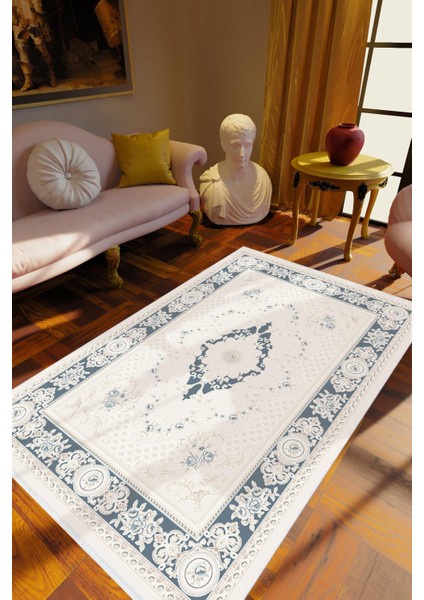 Salon Halısı Klasik Ekru Beyaz Mavi Kaydırmaz Kesme Yıkanabilir Ince Halı Tüysüz Kilim