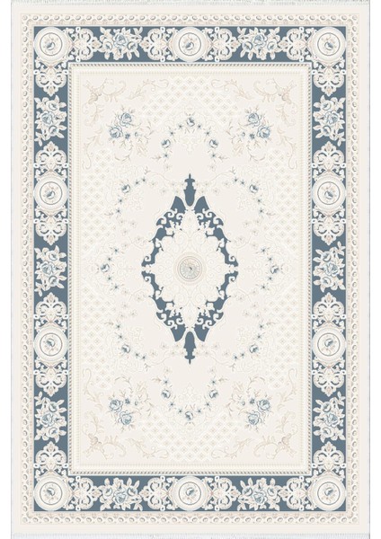 Salon Halısı Klasik Ekru Beyaz Mavi Kaydırmaz Kesme Yıkanabilir Ince Halı Tüysüz Kilim