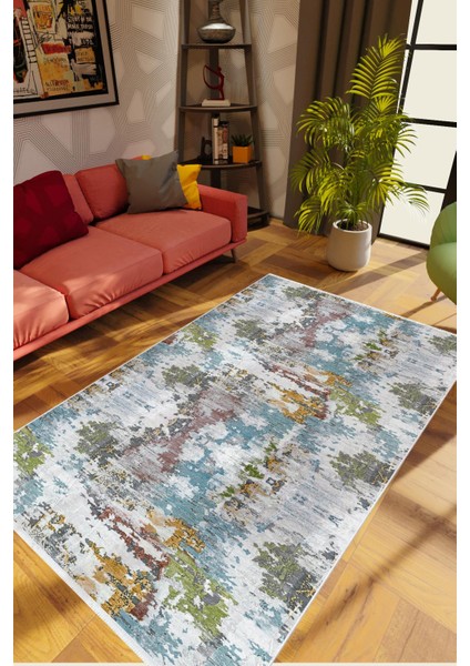 Salon Halısı Modern Eskitme Mavi Kaydırmaz Kesme Yıkanabilir Ince Halı Tüysüz Kilim
