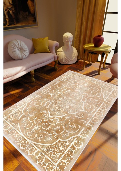 Salon Halısı Klasik Kahverengi Bej Kaydırmaz Kesme Yıkanabilir Ince Halı Tüysüz Kilim
