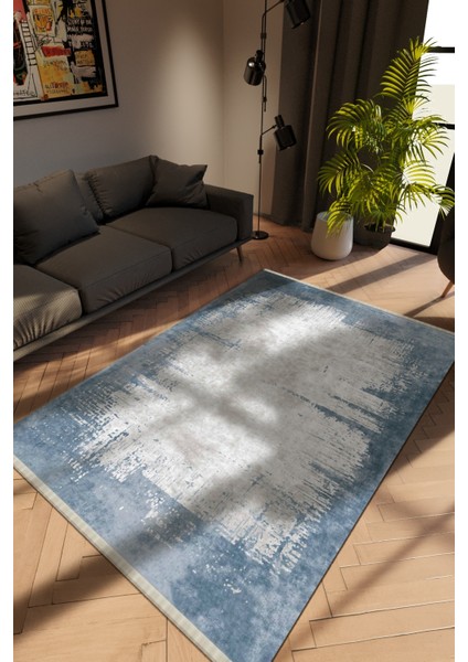 Modern Eskitme Indigo Dijital Baskı Halı Kaydırmaz Ince Yıkanabilir
