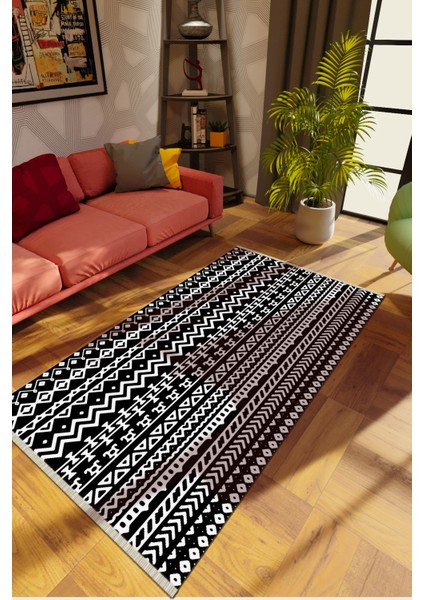 Modern Siyah Dijital Baskı Halı Kaydırmaz Ince Yıkanabilir