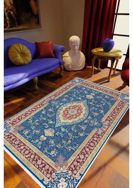 Salon Halısı Salon Halısı Eskitme Mavi Bordo Ekru Kaydırmaz Kesme Yıkanabilir Ince Halı Tüysüz Kilim