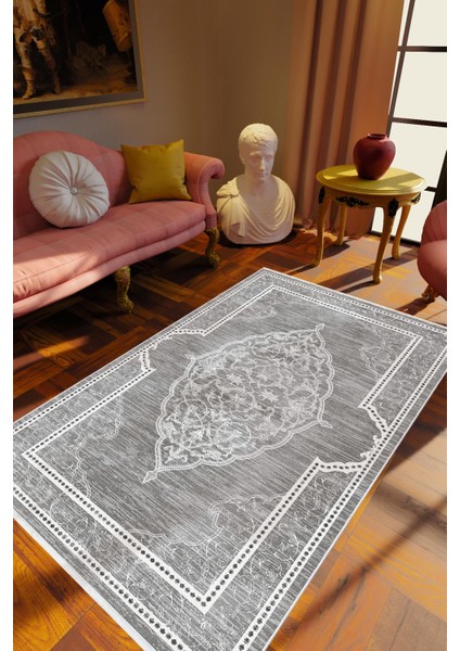 Salon Halısı Klasik Gri Kaydırmaz Kesme Yıkanabilir Ince Halı Tüysüz Kilim