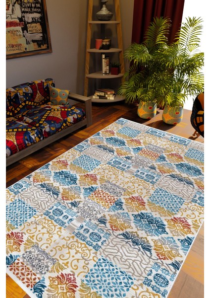 Salon Halısı Otantik Eskitme Patchwork Mavi Kaydırmaz Kesme Yıkanabilir Ince Halı Tüysüz Kilim
