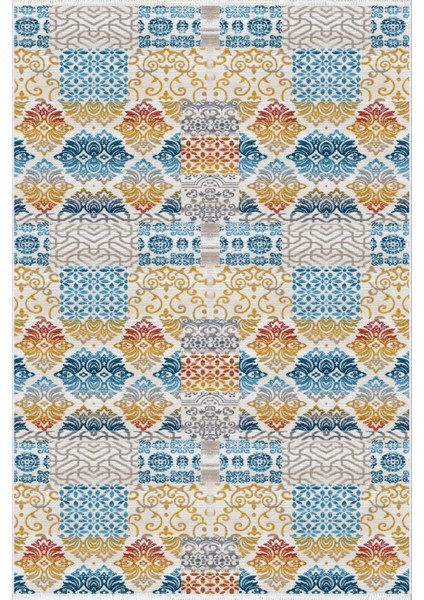 Salon Halısı Otantik Eskitme Patchwork Mavi Kaydırmaz Kesme Yıkanabilir Ince Halı Tüysüz Kilim