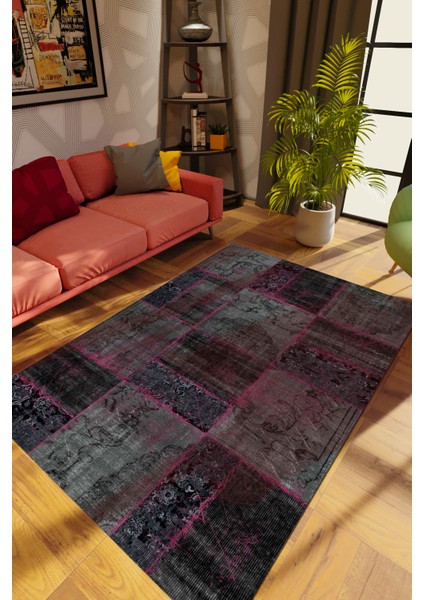 Modern Patchwork Gri Dijital Baskı Halı Kaydırmaz Ince Yıkanabilir