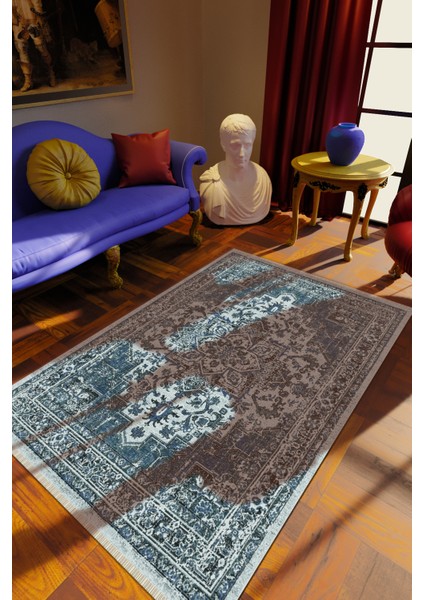 Klasik Eskitme Mavi Dijital Baskı Halı Kaydırmaz Ince Yıkanabilir