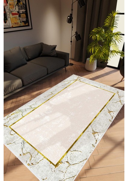 Salon Halısı Modern Çizgili Gold Gri Bej Altın Kaydırmaz Kesme Yıkanabilir Ince Halı Tüysüz Kilim