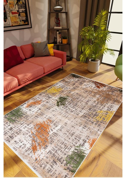 Salon Halısı Pastel Eskitme Bej Kaydırmaz Kesme Yıkanabilir Ince Halı Tüysüz Kilim