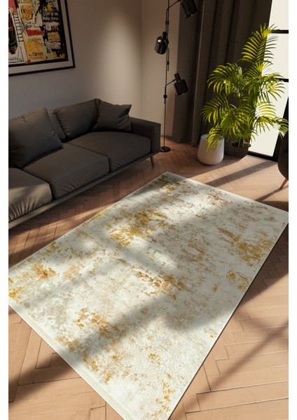 Modern Gold Dijital Baskı Halı Kaydırmaz Ince Yıkanabilir