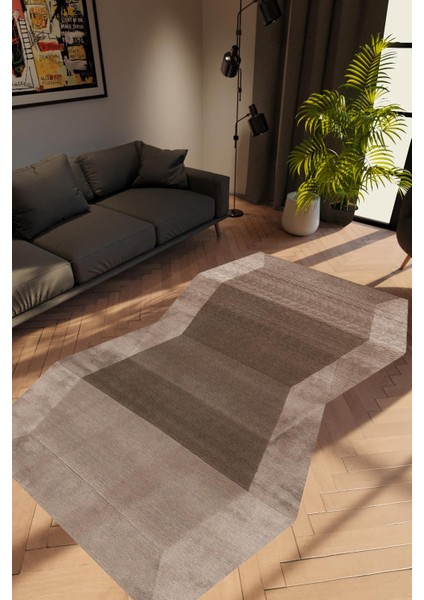 Salon Halısı Renkli Modern Kahverengi Ekru Kaydırmaz Kesme Yıkanabilir Ince Halı Tüysüz Kilim