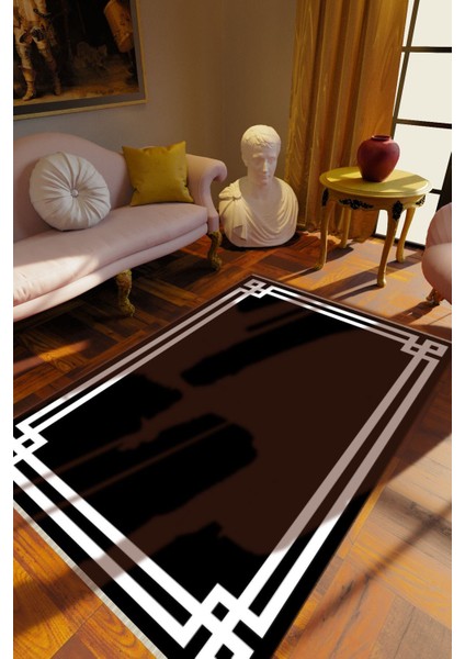 Klasik Siyah Dijital Baskı Halı Kaydırmaz Ince Yıkanabilir