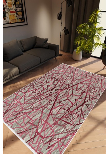 Modern Geometrik Pembe Kahverengi Bordo Kaydırmaz Kesme Yıkanabilir Ince Halı