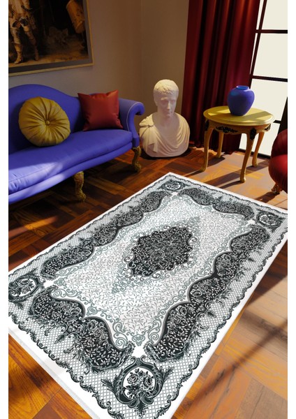 Salon Halısı Figürlü Çiçekli Gri Beyaz Siyah Kaydırmaz Kesme Yıkanabilir Ince Halı Tüysüz Kilim