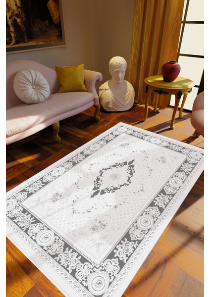 Salon Halısı Klasik Gri Beyaz Kaydırmaz Kesme Yıkanabilir Ince Halı Tüysüz Kilim