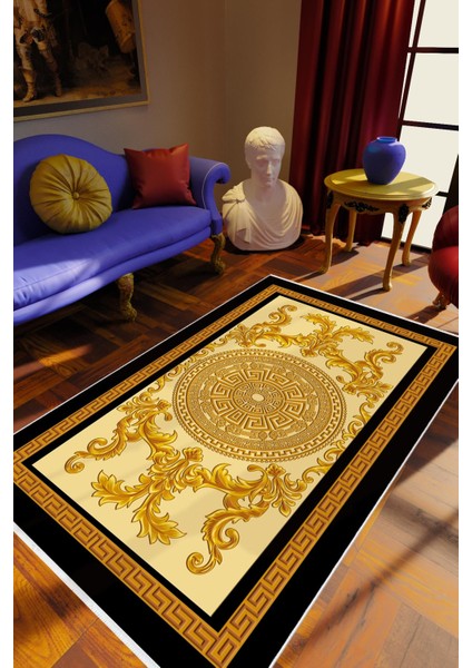 Salon Halısı Klasik Barok Altın Siyah Ekru Metalik Kaydırmaz Yıkanabilir Ince Halı Tüysüz Kilim