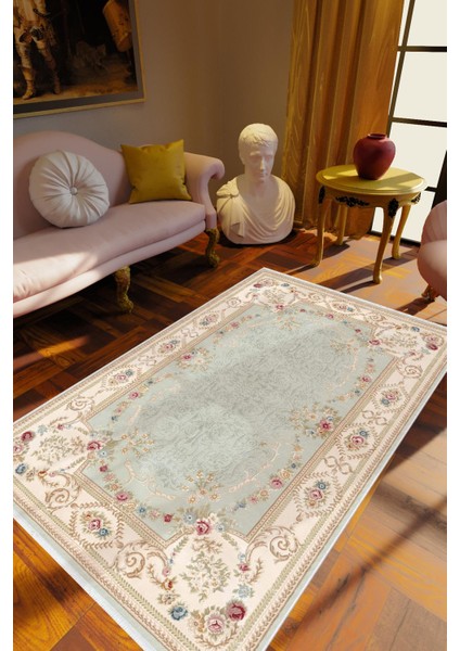 Salon Halısı Figürlü Çiçekli Mavi Ekru Kaydırmaz Kesme Yıkanabilir Ince Halı Tüysüz Kilim