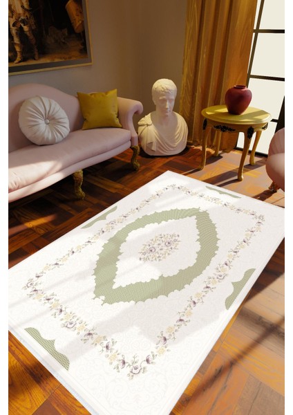 Salon Halısı Klasik Yeşil Beyaz Kaydırmaz Kesme Yıkanabilir Ince Halı Tüysüz Kilim