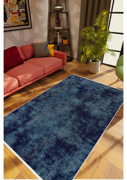 Salon Halısı Doku Eskitme Lacivert Kaydırmaz Kesme Yıkanabilir Ince Halı Tüysüz Kilim
