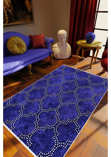 Salon Halısı Eskitme Klasik Fas Desen Lacivert Beyaz Kaydırmaz Yıkanabilir Ince Halı Tüysüz Kilim