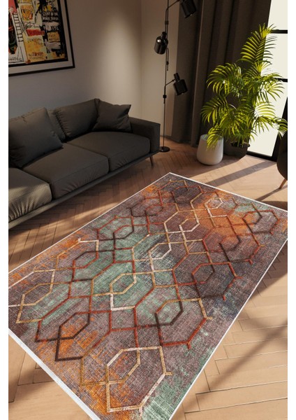 Salon Halısı Modern Geometrik Kahverengi Kaydırmaz Kesme Yıkanabilir Ince Halı Tüysüz Kilim