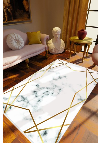 Salon Halısı Eskitme Geometrik Altın Krem Gold Kaydırmaz Kesme Yıkanabilir Ince Halı Tüysüz Kilim