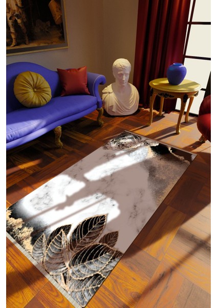 Klasik Gri Dijital Baskı Halı Kaydırmaz Ince Yıkanabilir