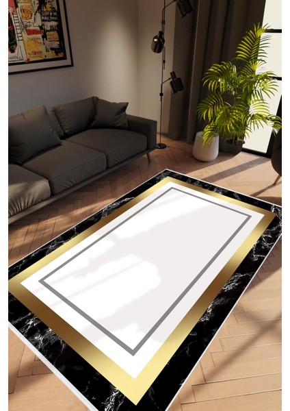 Salon Halısı Modern Çizgili Beyaz Metalik Siyah Kaydırmaz Kesme Yıkanabilir Ince Halı Tüysüz Kilim