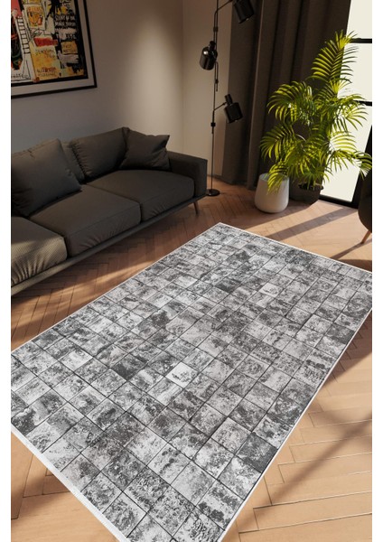 Salon Halısı Modern Patchwork Mozaik Desen Gri Kaydırmaz Kesme Yıkanabilir Ince Halı Tüysüz Kilim