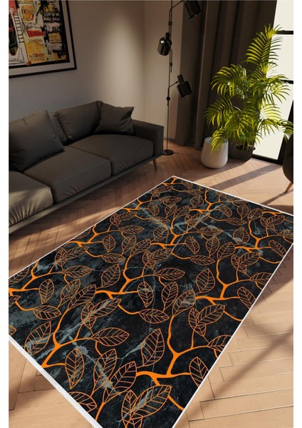 Salon Halısı Çiçekli Metalik Siyah Gri Turuncu Kaydırmaz Yıkanabilir Ince Halı Tüysüz Kilim