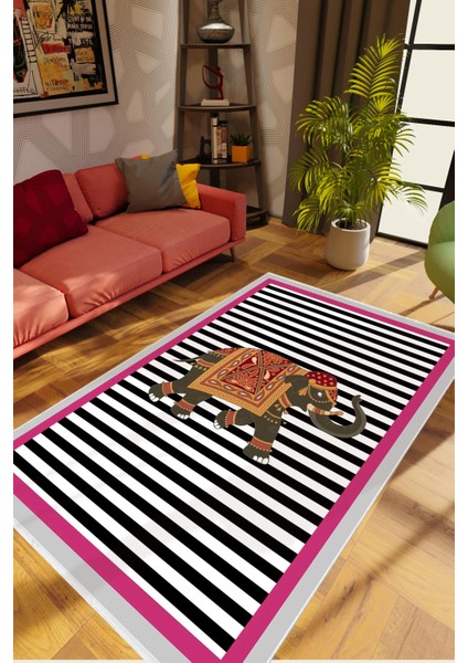 Salon Halısı Çizgili Fil Pembe Siyah Beyaz Fuşya Kaydırmaz Yıkanabilir Ince Halı Tüysüz Kilim