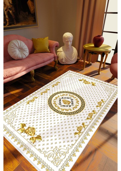 Salon Halısı Çiçekli Gold Barok Desen Altın Ekru Metalik Kaydırmaz Yıkanabilir Ince Halı Tüysüz