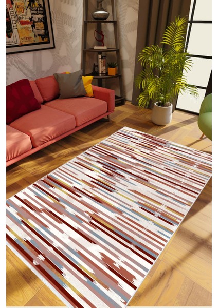 Salon Halısı Eskitme Çizgili Bordo Kaydırmaz Kesme Yıkanabilir Ince Halı Tüysüz Kilim