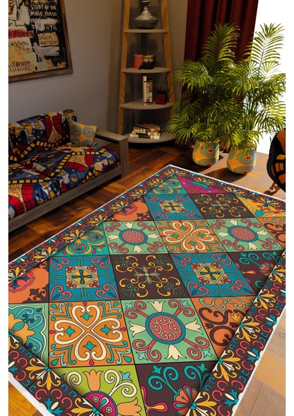 Salon Halısı Otantik Eskitme Patchwork Mavi Kaydırmaz Kesme Yıkanabilir Ince Halı Tüysüz Kilim