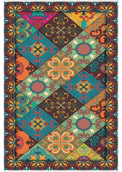 Salon Halısı Otantik Eskitme Patchwork Mavi Kaydırmaz Kesme Yıkanabilir Ince Halı Tüysüz Kilim