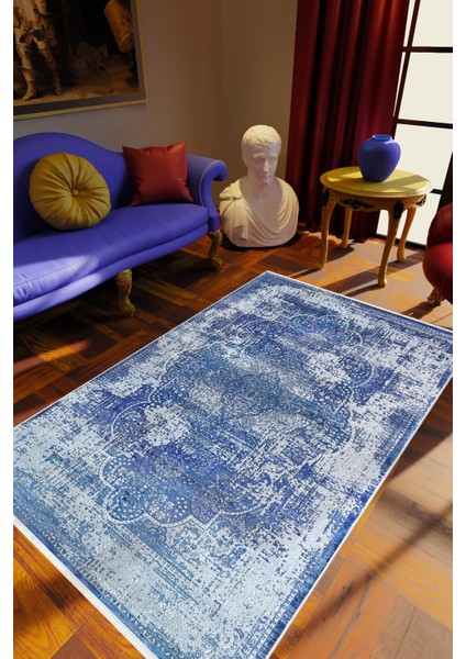 Salon Halısı Klasik Eskitme Mavi Kaydırmaz Kesme Yıkanabilir Ince Halı Tüysüz Kilim