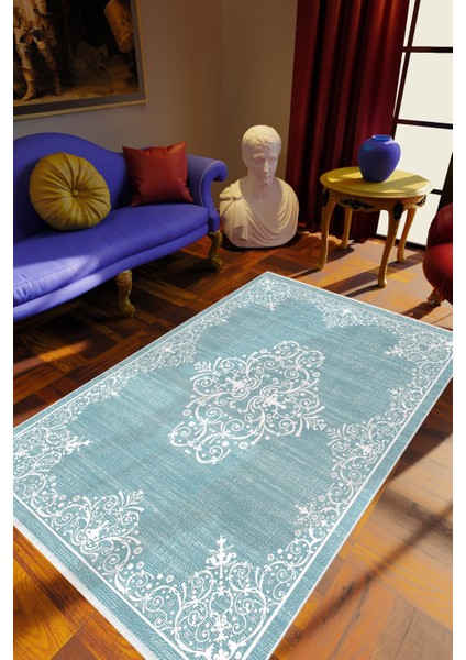Salon Halısı Klasik Mavi Kaydırmaz Kesme Yıkanabilir Ince Halı Tüysüz Kilim