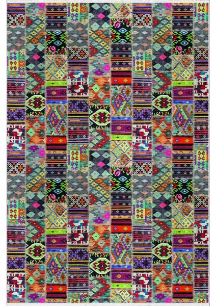 Salon Halısı Kilim Otantik Eskitme Patchwork Yeşil Kaydırmaz Yıkanabilir Ince Halı Tüysüz Kilim