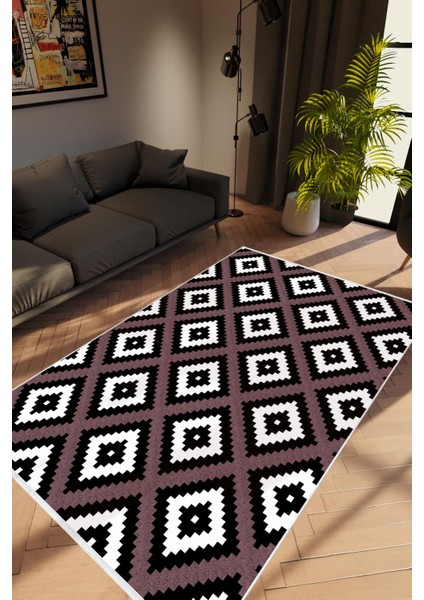 Salon Halısı Modern Geometrik Mor Beyaz Siyah Kaydırmaz Kesme Yıkanabilir Ince Halı Tüysüz Kilim