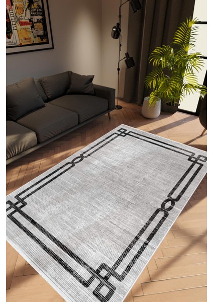 Salon Halısı Modern Çizgili Gri Kaydırmaz Kesme Yıkanabilir Ince Halı Tüysüz Kilim