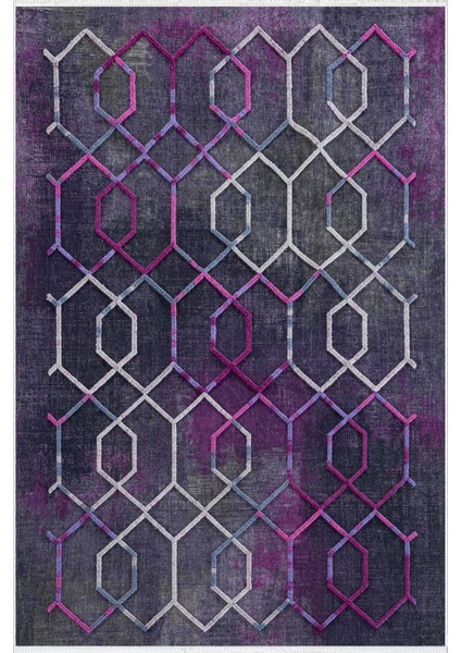 Salon Halısı Modern Geometrik Mor Krem Kaydırmaz Kesme Yıkanabilir Ince Halı Tüysüz Kilim